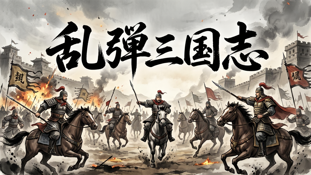 一幅精美的三国题材游戏宣传海报,主体为游戏名称“乱弹三国志”的艺术字,背景是战火纷飞的三国战场,众多武将骑马冲锋,画面布局大气磅礴,采用国风水墨画风格,细节丰富,画质高清,干净无多余元素。