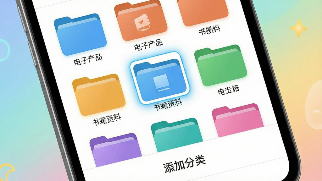 主体:手机应用界面展示“攒物”的智能分类功能,屏幕上有多个彩色分类文件夹图标,其中一个被高亮显示。布局:手机屏幕特写,周围有柔和的渐变背景。排版:分类图标以网格形式排列,底部有“添加分类”按钮。风格:清新简洁的UI设计风格。细节:屏幕上的分类名称清晰,如“电子产品”、“书籍资料”。画质:高清,干净,无多余元素。