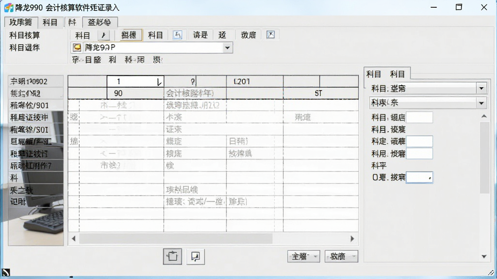 降龙990会计核算软件凭证录入界面截图,显示凭证表格与科目选择下拉框,布局清晰,字体清楚,背景为浅灰色办公环境,画面干净整洁,风格写实,细节丰富,画质高清