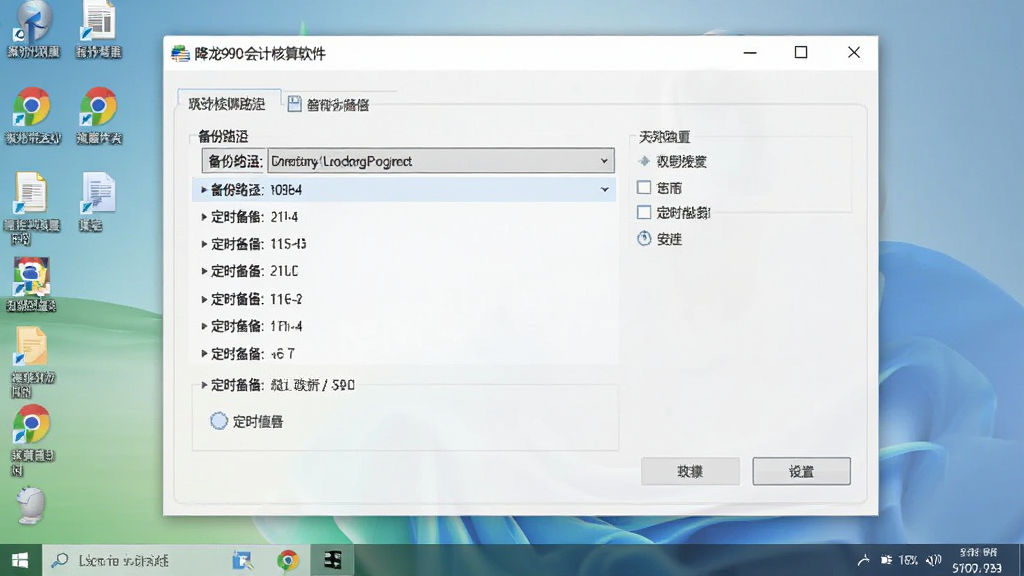 降龙990会计核算软件数据备份设置界面,显示备份路径选择与定时备份选项,背景为电脑桌面,界面布局规整,风格简洁,色调浅淡,画质清晰,干净无多余元素