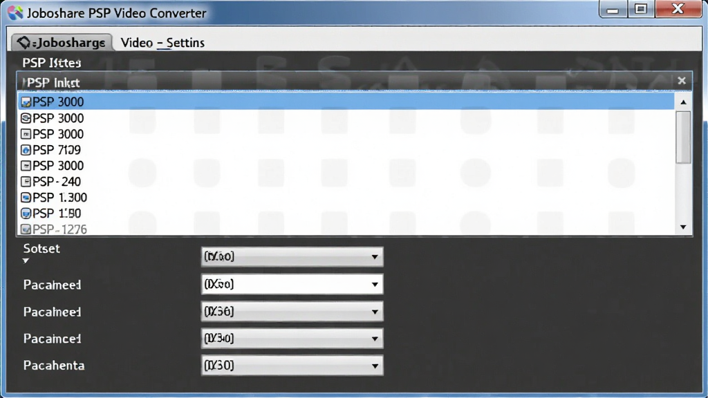 一张Joboshare PSP Video Converter软件输出设置界面截图,画面中显示PSP型号预设列表,如PSP 3000,下方参数已自动填充,背景为软件界面,整体风格简洁清晰,文字锐利,画质干净