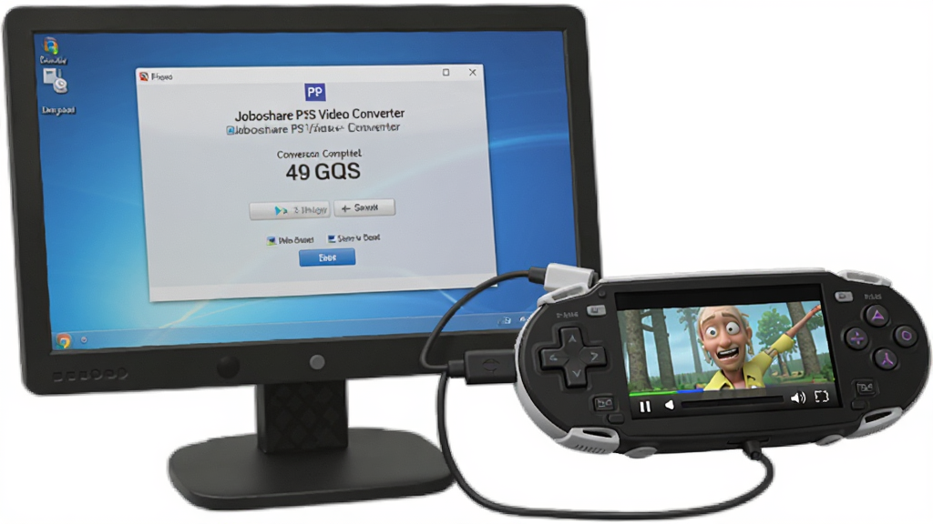 一张电脑与PSP掌机连接数据传输的场景图,电脑屏幕上显示Joboshare PSP Video Converter转换完成界面,PSP屏幕上显示视频播放画面,风格写实,画质清晰,无多余元素
