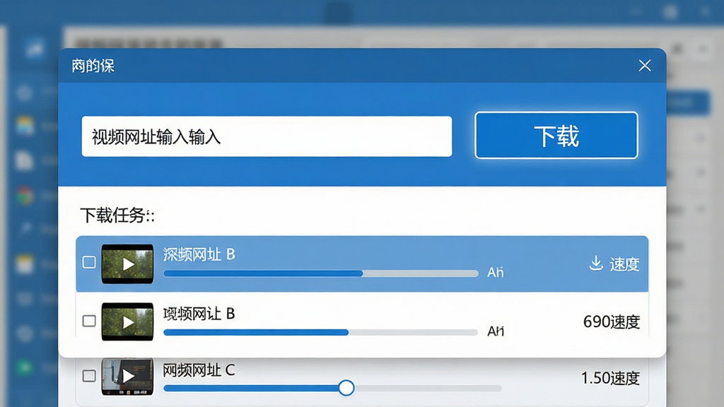 主体:软件主界面截图,展示一个简洁的下载窗口。布局:左侧为视频网址输入框,右侧为醒目的“下载”按钮,下方为下载任务列表。排版:界面元素对齐整齐,功能区域划分清晰。风格:现代扁平化设计,蓝色系主色调,给人可靠感。细节:任务列表中有几个视频文件正在下载,并显示进度条和速度。画质:高清,干净,无多余元素。