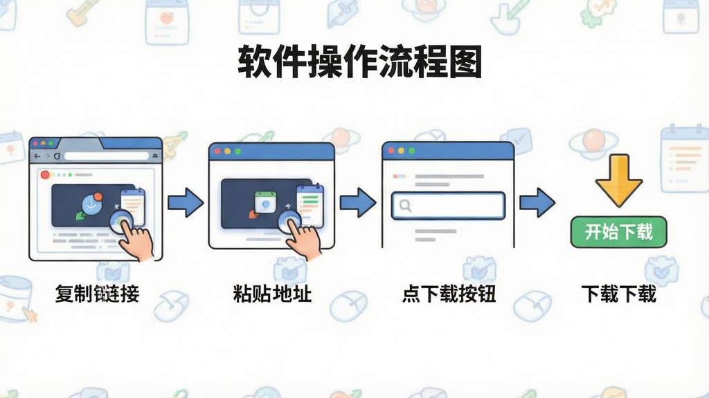 主体:软件操作流程图,展示从复制网址到点击下载的步骤。布局:从左到右依次为:浏览器中复制视频链接、粘贴到软件输入框、点击下载按钮、下载完成。排版:步骤之间用箭头连接,清晰明了。风格:简洁的插画风格,色彩明快。细节:每个步骤都有相应的文字标签说明,如“复制链接”、“粘贴地址”、“开始下载”。画质:高清,干净,无多余元素。