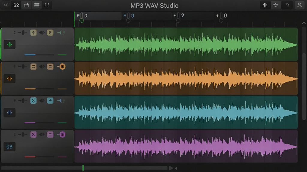 一张展示MP3 WAV Studio编辑多轨音频的图片,界面中央为多条彩色波形轨道,每条轨道以不同颜色区分,轨道上方有淡入淡出控制点,背景为深灰色调,整体风格专业,画质清晰,干净无多余元素