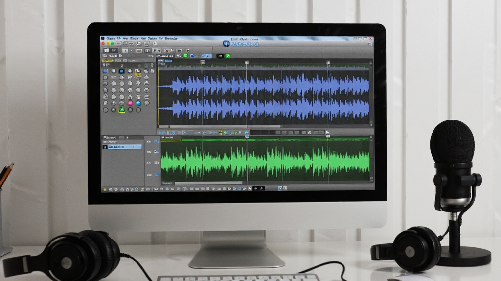 一张展示MP3 WAV Studio在电脑上运行的实拍照片,屏幕中显示软件波形编辑界面,电脑旁边有耳机和麦克风,整体为办公桌场景,画质清晰,干净无多余元素