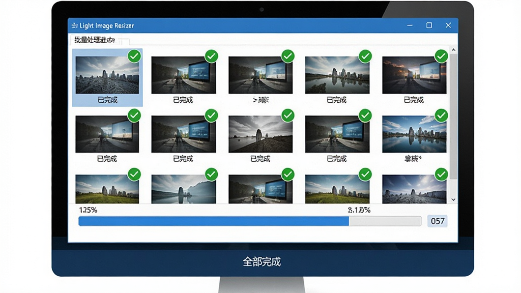 主体:电脑屏幕显示“Light Image Resizer”批量处理进度条,多张图片排列在列表中并显示“已完成”标记。布局:进度条位于窗口下方,图片缩略图以网格状排列在上方。排版:信息层级分明,进度条有百分比数字。风格:商务简洁风格,蓝白配色。细节:每张图片右上角有绿色对勾,窗口底部有“全部完成”字样。画质:清晰干净,无多余元素。