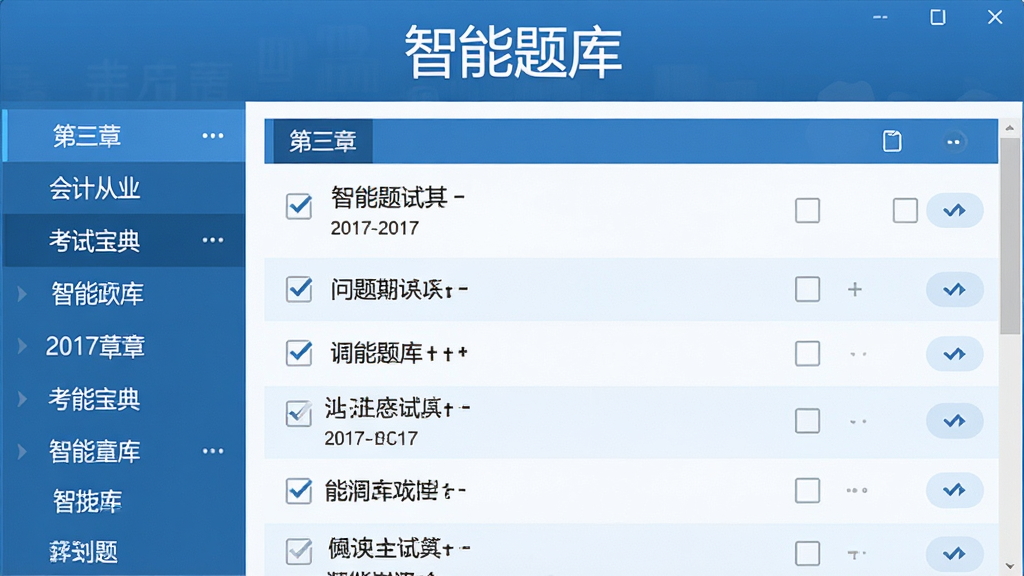 2017版会计从业考试宝典的智能题库界面,左侧为章节导航,右侧为试题列表,每题前有勾选框,顶部显示“智能题库”字样,界面清爽,蓝色调,高分辨率,画质干净,无多余元素