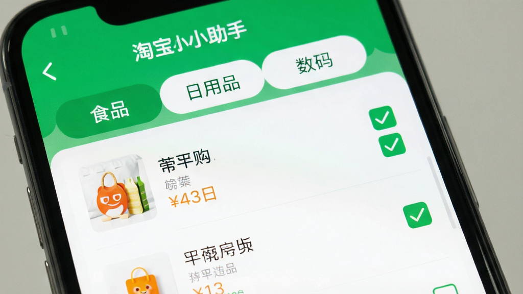 手机APP购物清单界面,屏幕显示“淘宝小小助手”清单页面,顶部有“食品”“日用品”“数码”分类标签,下方列出待购商品名称、价格和勾选状态,界面简洁清爽,采用绿白配色,突出清单管理功能,画质清晰,无多余元素