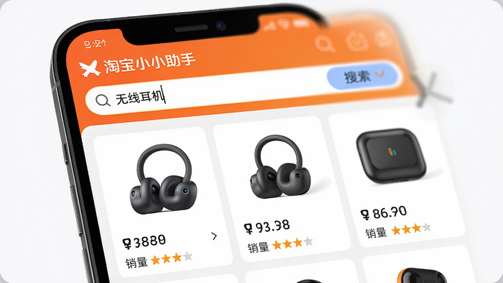 现代感电商APP界面设计,手机屏幕显示“淘宝小小助手”搜索页面,搜索框内输入“无线耳机”,下方展示多款商品卡片,每张卡片包含商品图片、价格、销量和评分,界面布局清晰,色彩明快,突出智能搜索和排序功能,画质干净,无多余元素