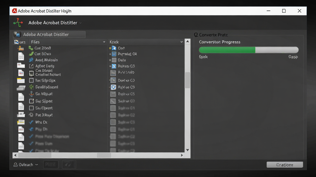 画面中央展示 Adobe Acrobat Distiller 软件启动界面,左侧为文件列表,右侧为转换进度条,背景为深灰色渐变,界面字体清晰,整体风格简洁专业,画质干净,无多余元素