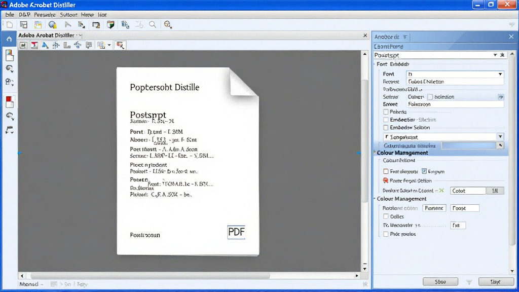 Adobe Acrobat Distiller 软件界面截图,显示一个 PostScript 文件正在被转换成 PDF,右侧有转换设置面板,包括字体嵌入选项和色彩管理选项,界面以蓝色调为主,整体清晰明亮,画质干净,无多余元素