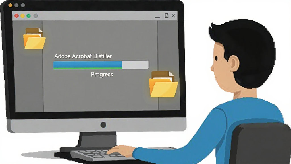 一幅插图,展示一个用户正在电脑上操作 Adobe Acrobat Distiller,屏幕上有转换进度条,旁边有热文件夹图标,风格扁平化,色彩明亮,画质干净,无多余元素