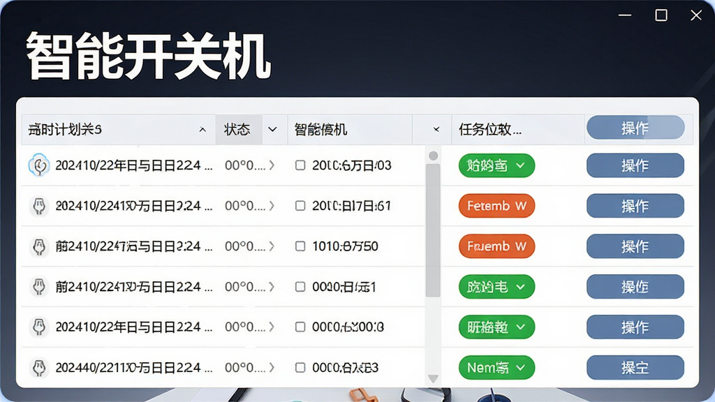 智能开关机软件的任务计划列表界面,表格中列出多个定时任务,状态标签醒目,操作按钮齐全,界面简洁有序,画质清晰,干净无多余元素,突出“智能开关机”名称。