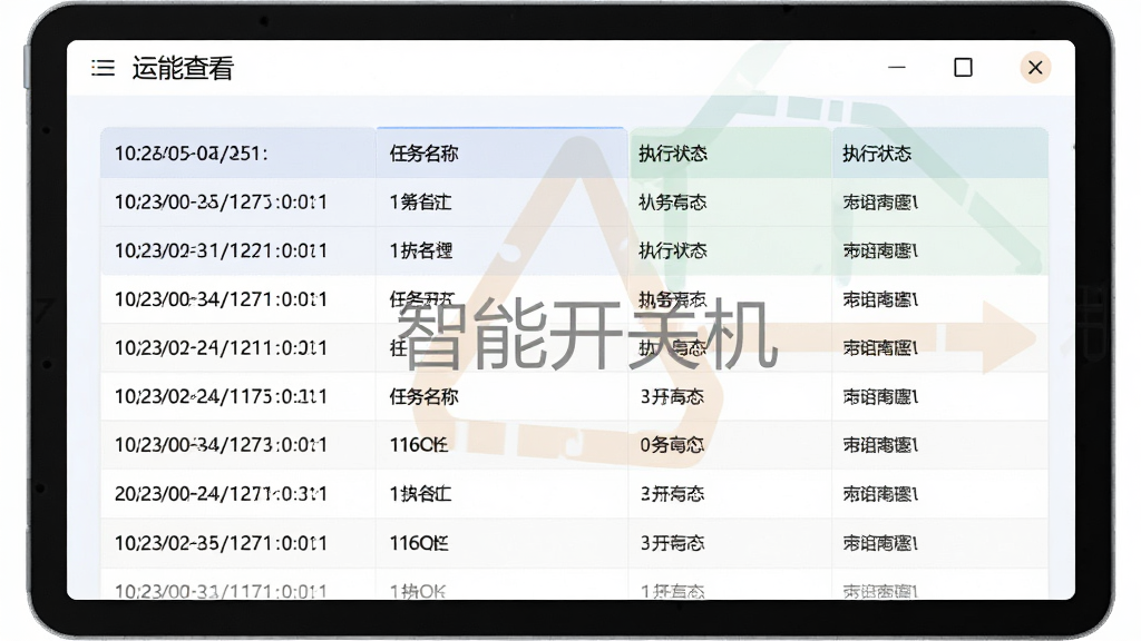 智能开关机软件的运行日志查看页面,显示时间戳、任务名称、执行状态等信息,界面采用表格形式,色彩柔和,视觉舒适,画质干净,无多余元素,带有“智能开关机”水印。
