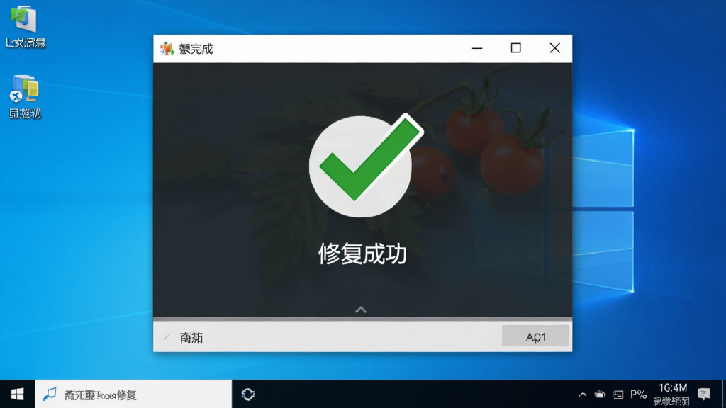 小番茄DirectX修复工具修复完成界面,绿色对勾图标,显示“修复成功”字样,背景为干净的Windows桌面,风格简洁明亮,画质高清