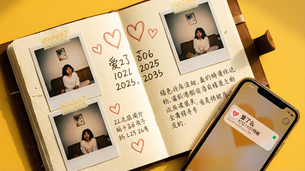 主体:一本打开的精美笔记本,内页贴有照片和手写文字,旁边放着一部手机,屏幕上显示