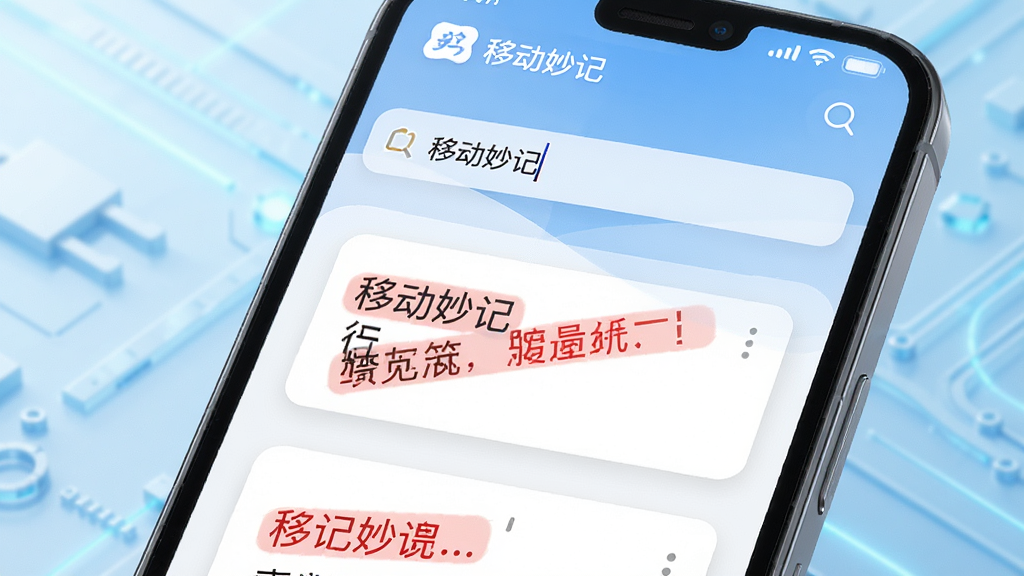手机屏幕特写,显示“移动妙记”的搜索界面,搜索框内输入关键词,下方列出匹配的笔记结果,结果卡片上带有红色高亮文字;背景为浅蓝色科技感渐变,简洁明亮,风格现代,画质高清,无多余元素。