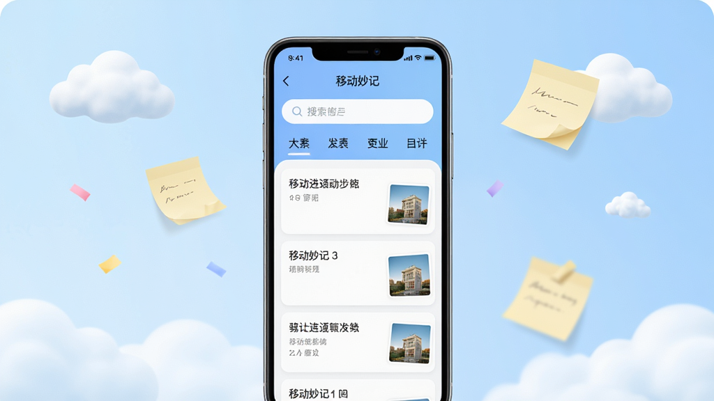 画面中央展示一部智能手机,屏幕亮起显示“移动妙记”应用主界面,界面布局简洁,上方为搜索栏,下方为分类标签与笔记卡片列表,卡片上显示文字与缩略图;背景为柔和的浅蓝色渐变,搭配白色云朵与漂浮的便签纸元素,整体风格清新现代,画质高清,干净无多余元素。