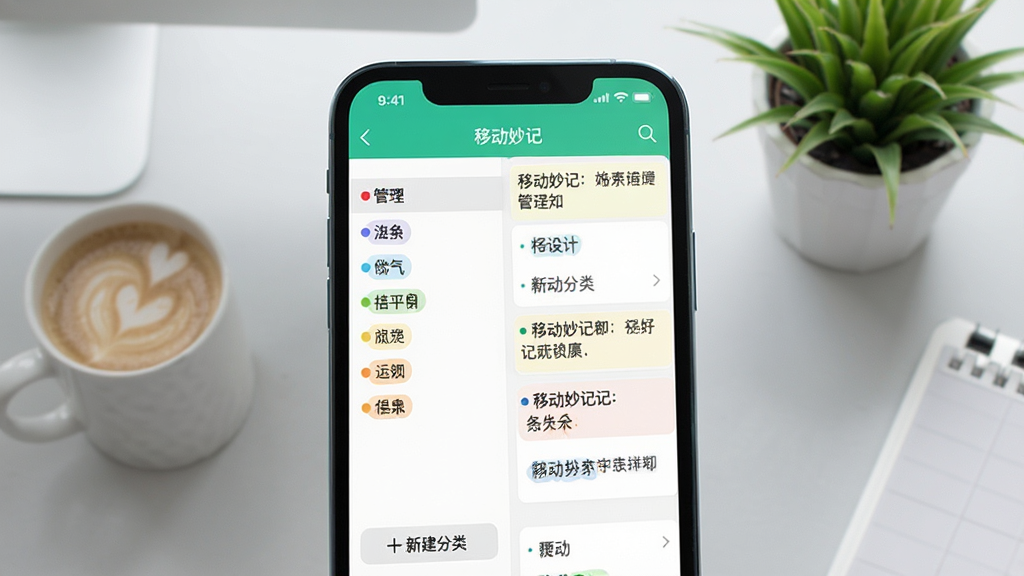 手机屏幕特写,展示“移动妙记”应用的分类管理界面,左侧为分类列表,右侧为对应笔记内容,分类标签用不同颜色圆点区分,界面底部有“新建分类”按钮;背景为浅灰色工作台面,摆放一杯咖啡与一盆绿植,画面干净明亮,风格写实,画质清晰。