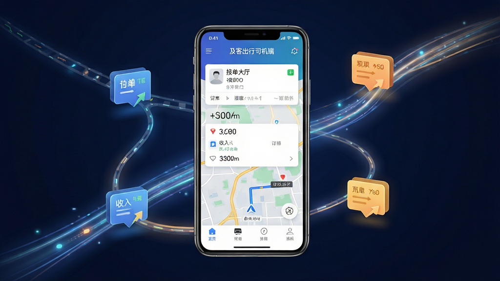 主体:及客出行司机端APP界面展示,手机屏幕上显示接单大厅、订单详情与导航地图。布局:手机居中,屏幕内容清晰可见,周围环绕简洁的路线光带与订单图标。排版:现代科技感,界面元素排列有序。风格:写实结合扁平化,色彩明快。细节:屏幕中显示“及客出行司机端”字样,订单卡片、导航箭头、收入数据等元素。画质:高清,干净,无多余元素。