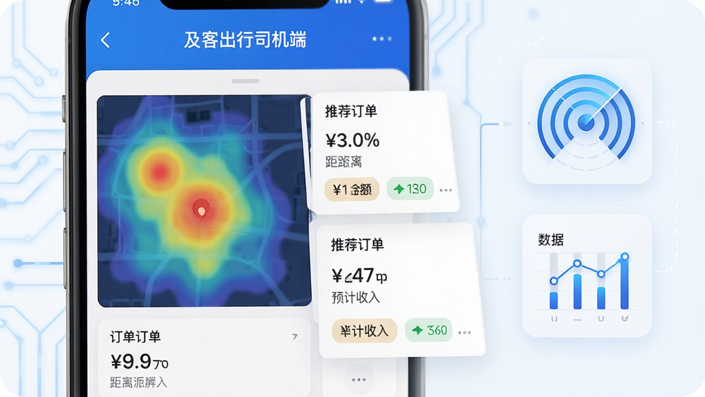 主体:及客出行司机端智能派单界面,手机屏幕上展示附近订单热力图与推荐订单卡片。布局:手机左侧,右侧辅助显示派单逻辑图标,如雷达波纹、数据图表。排版:科技感布局,信息层级分明。风格:现代简约,蓝色主色调。细节:屏幕中显示“及客出行司机端”字样,订单金额、距离、预计收入标签明显。画质:高清,干净,无多余元素。
