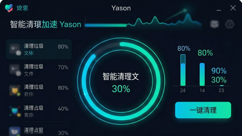 主体:Yason软件“智能清理加速”功能界面特写,背景为手机屏幕截图,显示内存占用从80%降至30%的动画效果。布局:屏幕中央展示圆形清理进度环,左侧为可清理垃圾文件列表,右侧为“一键清理”按钮。排版:数据以柱状图和百分比数字呈现,字体清晰,色彩对比鲜明。风格:科技感UI设计,深色背景搭配霓虹蓝绿色点缀。细节:进度环边缘有发光效果,背景虚化,画质干净,无多余元素,屏幕上方显示“Yason”字样。