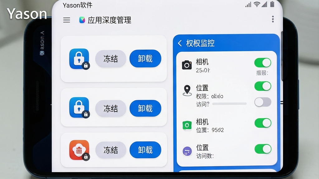 主体:Yason软件“应用深度管理”界面,展示一个安卓智能手机屏幕,上面有应用列表和权限管理开关。布局:左侧为应用图标列表,每个图标旁有“冻结”“卸载”按钮,右侧为权限监控面板,显示“相机”“位置”等权限的访问次数。排版:信息层级分明,使用卡片式布局,色彩柔和。风格:简洁商务风,白底蓝边,圆角卡片。细节:应用图标上有小锁标记,权限面板有绿色和红色指示灯,画质高清,无多余元素,屏幕左上角有“Yason”水印。