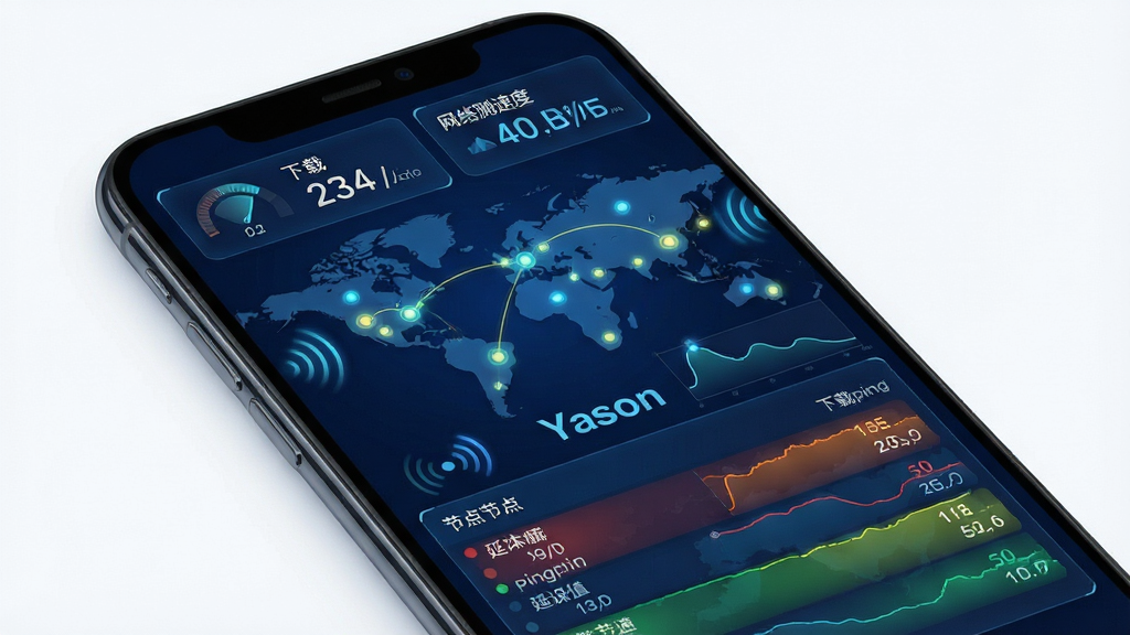 主体:Yason软件“网络优化加速”功能示意图,手机屏幕显示全球网络节点地图和实时ping值曲线。布局:上方为网络测速仪表盘,显示下载/上传速度,下方为节点列表,用不同颜色标识延迟高低。排版:地图背景为深蓝色,节点用发光圆点表示,数据字体科技感十足。风格:未来感数据可视化风格,结合光效。细节:有信号波纹动画,速度数字实时跳动,画质干净,无多余元素,屏幕中央有“Yason”字样。