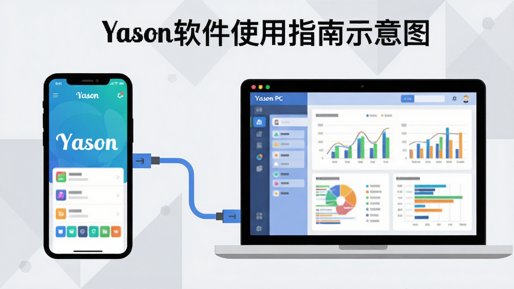 主体:Yason软件使用指南示意图,手机和电脑并排展示数据同步场景。布局:左侧为手机屏幕显示Yason主界面,右侧为笔记本电脑屏幕显示Yason PC版,中间有数据线连接。排版:背景为浅灰色几何图形,突出设备。风格:扁平化插画风格,色彩明快。细节:手机屏幕有“Yason”字样,电脑屏幕显示数据图表,画质干净,无多余元素。