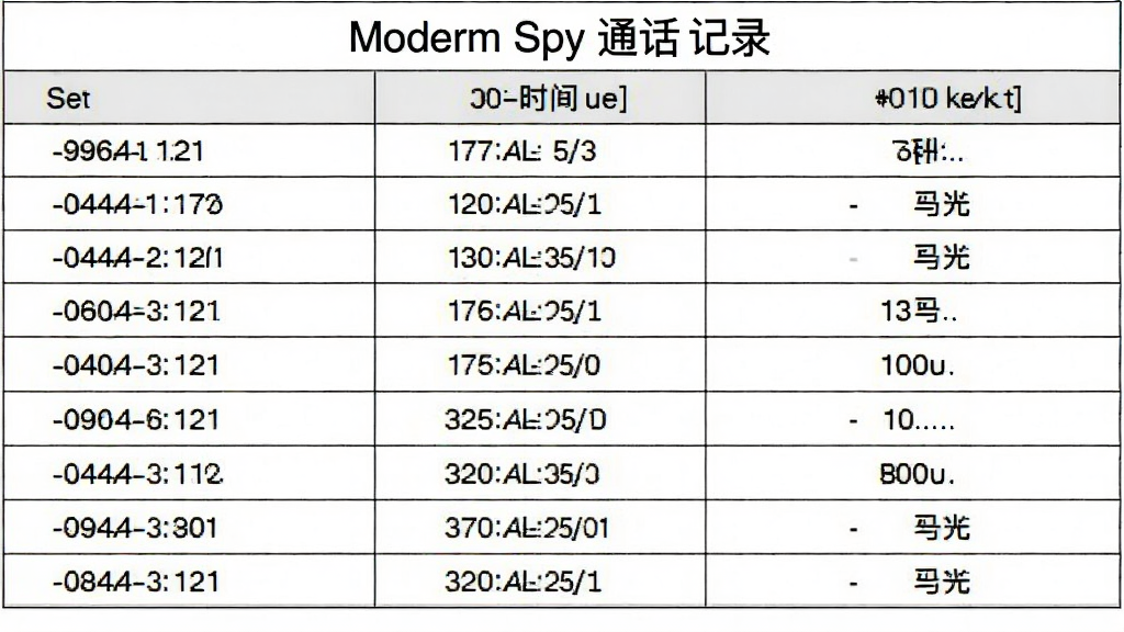 Modem Spy通话记录表格图,主体为详细通话日志列表,包含号码、时间、时长列,布局整齐,风格简约,数据清晰,画质干净
