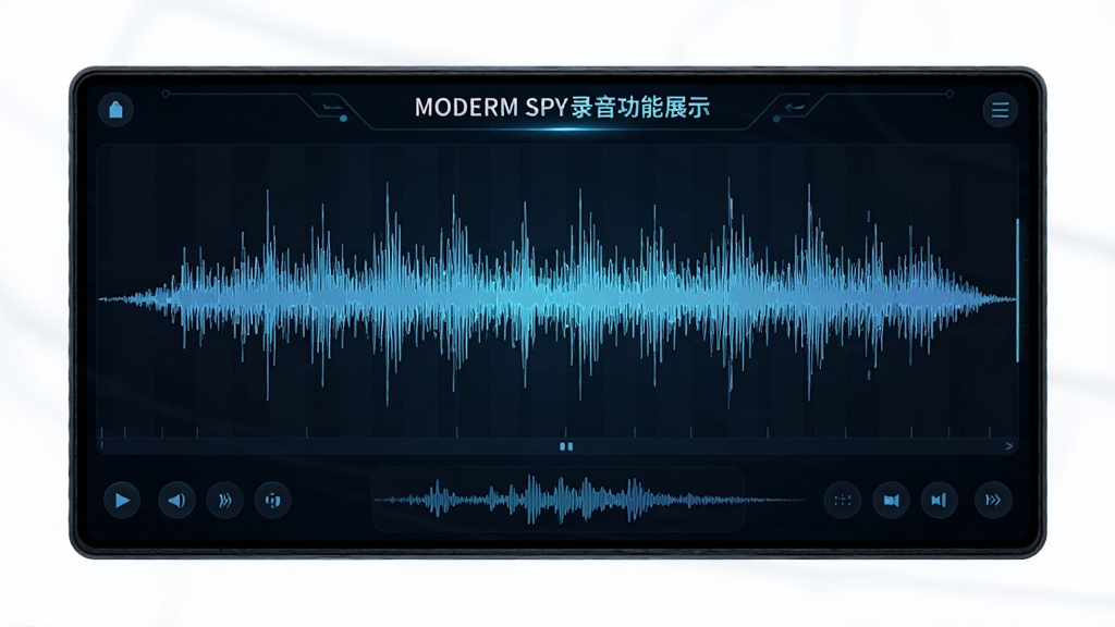 Modem Spy录音功能展示图,主体为录音波形界面,显示实时音频波形,布局居中,波形细腻,风格科技感,细节丰富,画质高清,无多余元素