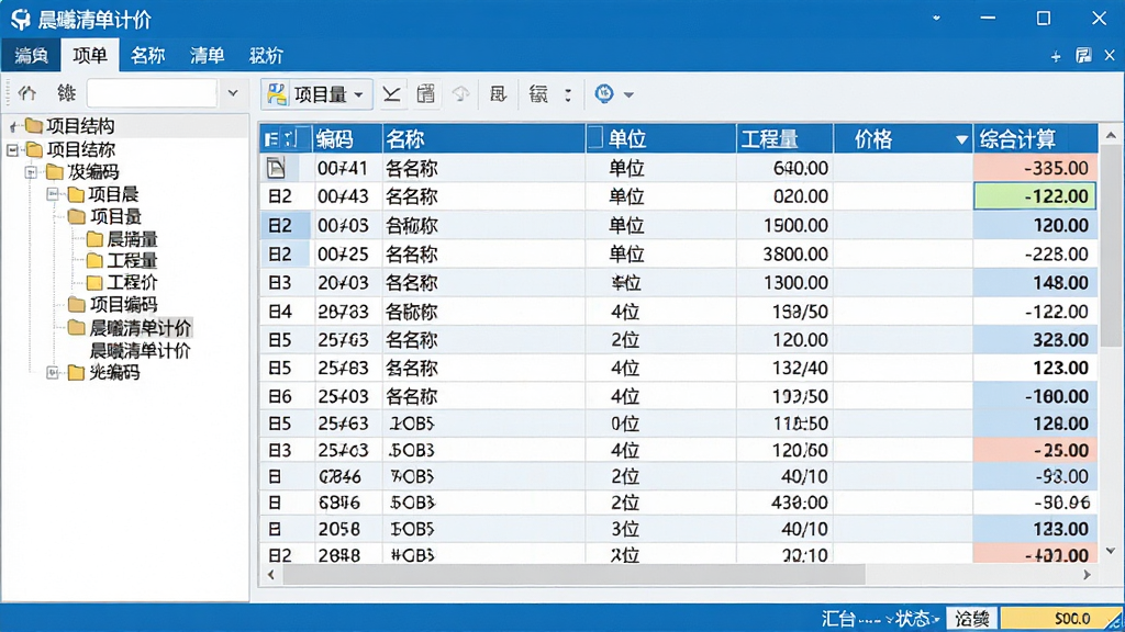 主体:晨曦清单计价软件界面,展示其主窗口、项目树、清单列表和价格计算区域。布局:界面清晰,左侧为项目结构导航,右侧为详细的清单条目与单价分析表格,底部为汇总状态栏。排版:现代化软件UI设计,采用蓝白主色调,信息层级分明,表格数据规整。风格:专业商务风格,体现工程软件的严谨与可靠。细节:屏幕中显示“晨曦清单计价”字样,表格内有具体的清单编码、名称、单位、工程量及综合单价,价格自动计算并高亮显示。画质:高清,干净,无多余元素。