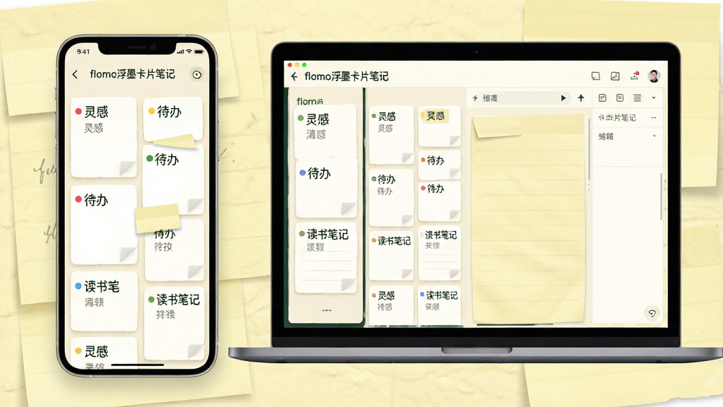主体:flomo浮墨卡片笔记软件界面,展示手机与电脑端同步使用的场景。布局:左侧为卡片列表,右侧为编辑区域,背景有淡黄色便签纸纹理。排版:卡片式排列,错落有致,标签用彩色小圆点标示。风格:简约现代,配色以米白与墨绿为主,传递宁静专注的氛围。细节:界面文字清晰显示“flomo浮墨卡片笔记”字样,卡片上写有“灵感”“待办”“读书笔记”等标签。画质:高清渲染,干净无多余元素。