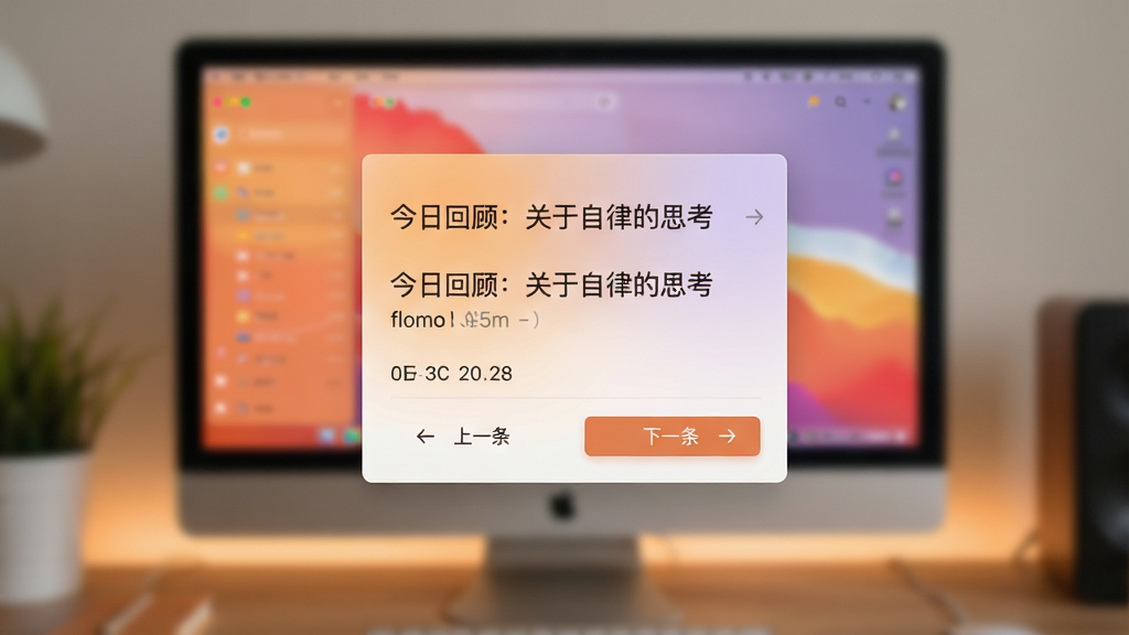 主体:电脑桌面显示flomo浮墨卡片笔记的每日回顾页面。布局:页面中央展示一张卡片,背景为柔和渐变,底部有“上一条”“下一条”按钮。排版:卡片居中,文字清晰,背景虚化处理。风格:简约温馨,配色以暖橙与淡紫为主。细节:卡片内容为“今日回顾:关于自律的思考”,并有时间戳显示。画质:高清,干净无多余元素。