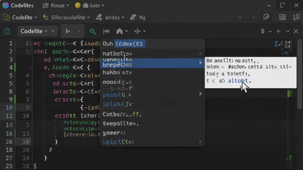 CodeLite界面特写,代码编辑器窗口中显示C++代码,智能补全下拉列表高亮显示建议项,鼠标悬停在函数名上弹出声明提示,背景为深色主题,画面清晰,布局合理,风格现代,细节丰富,画质干净