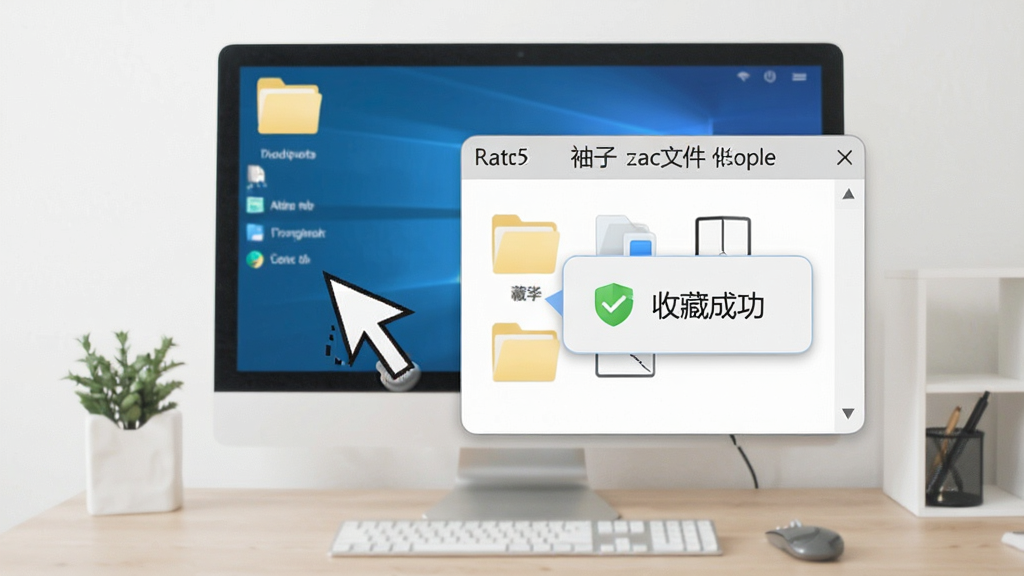 一张动态演示图,鼠标将电脑桌面上的一个文件夹图标拖拽到屏幕角落的“袖子文件收藏夹”悬浮窗中,随后悬浮窗弹出提示“收藏成功”,画面清晰流畅,背景干净,突出操作过程,文字标注“袖子文件收藏夹”
