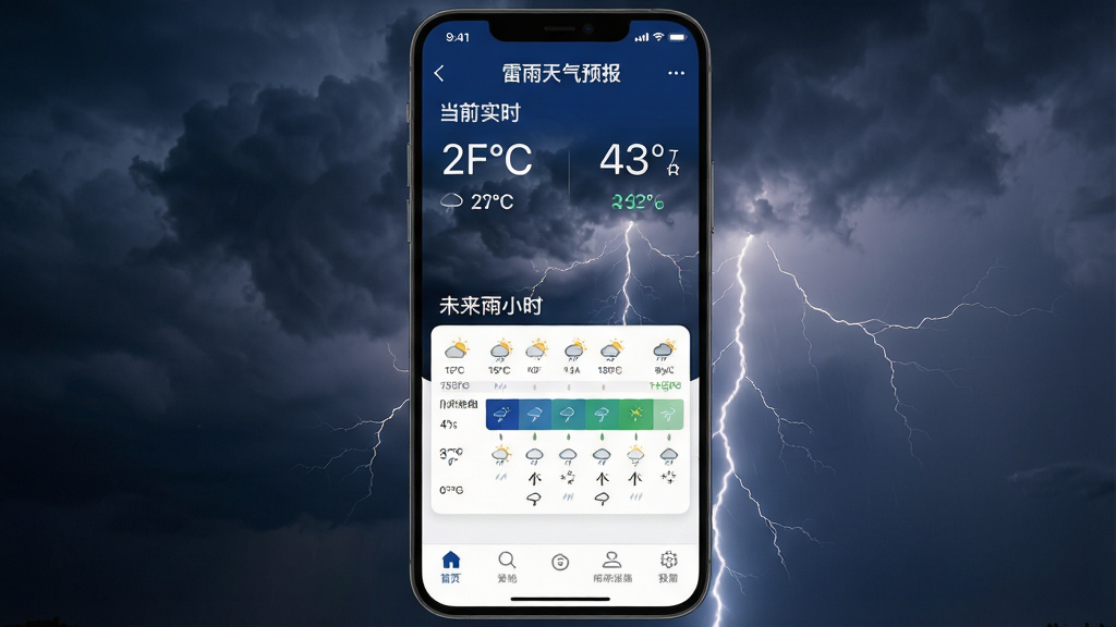 一张展示“雷雨天气预报”手机App主界面的高清截图,界面显示当前城市实时天气状况,背景为乌云密布伴有闪电的雷雨天气实景,主色调为深蓝与白色,布局清晰,顶部显示温度与降雨概率,中部为未来两小时分钟级降雨预报条,底部为功能导航栏,整体风格现代简洁,画质干净,无多余元素