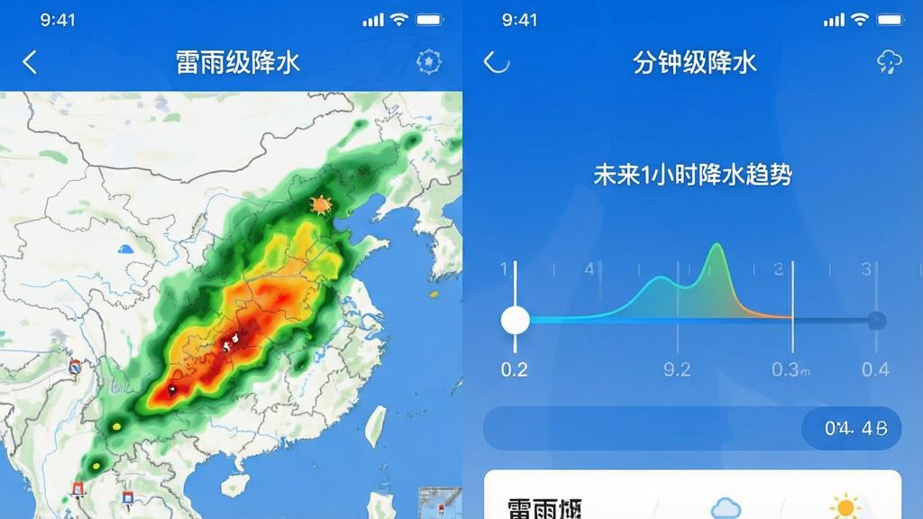 一张“雷雨天气预报”App的分钟级降水预报功能预览图,画面左侧为地图,地图上覆盖绿色到红色渐变的降水云团色块,右侧为时间轴滑动条,界面显示“未来1小时降水趋势”,顶部有“分钟级降水”字样,整体风格科技感强,蓝色与白色为主色调,布局规整,画质干净,无多余元素