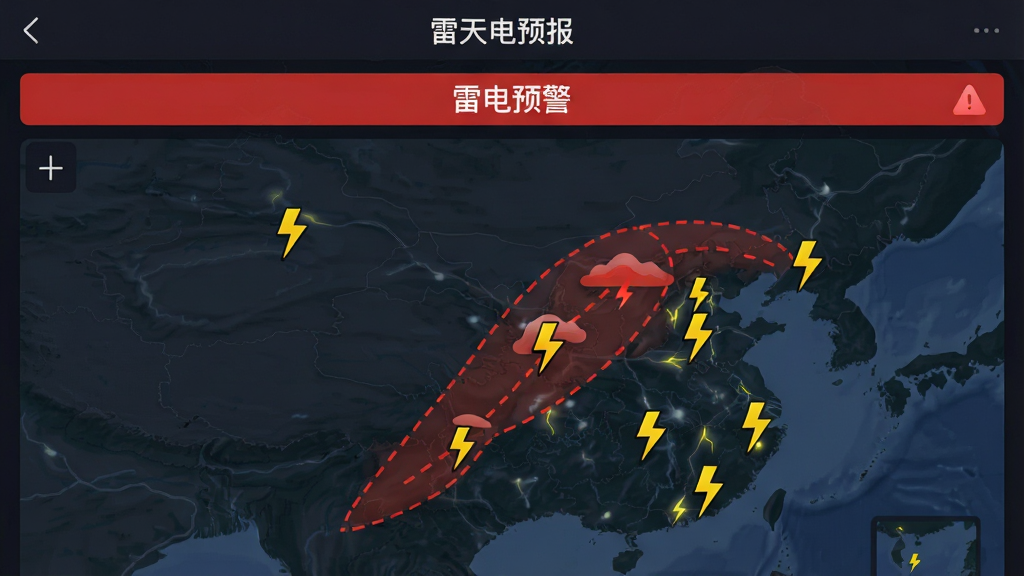 一张“雷雨天气预报”App的雷电实时监测功能界面图,地图上以黄色闪电图标标注雷击位置,并用红色虚线标出雷暴云团移动方向,页面顶部显示“雷电预警”红色横幅,整体风格专业,深色背景,数据清晰可读,画质干净,无多余元素