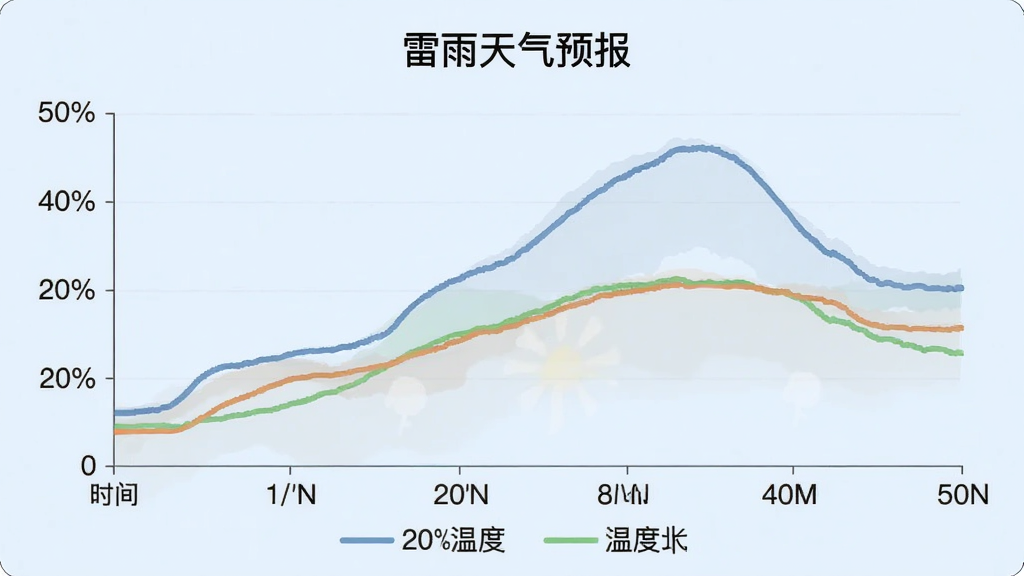 一张“雷雨天气预报”App的温湿度曲线图截图,界面为浅蓝色背景,横轴为时间,纵轴为温度与湿度百分比,两条不同颜色的平滑曲线分别表示温度与湿度变化,底部有图例说明,整体风格简洁清晰,适合移动端阅读,画质干净,无多余元素