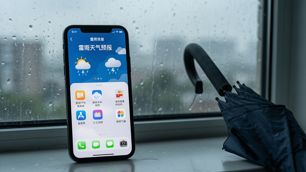一张显示“雷雨天气预报”App在手机桌面上运行的照片,手机屏幕亮起,显示App主界面,背景为窗外的阴雨天气,手机旁边放着一把雨伞,整体氛围写实,构图自然,画质清晰,无多余元素