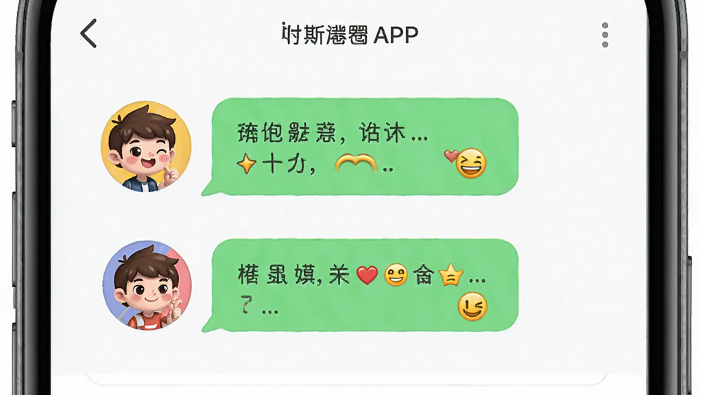 主体为斯圈APP的聊天对话界面,屏幕上有两个卡通人物头像正在对话,气泡内有文字和表情符号,布局居中,排版简洁,风格活泼可爱,色调明快,画质细腻,干净无多余元素