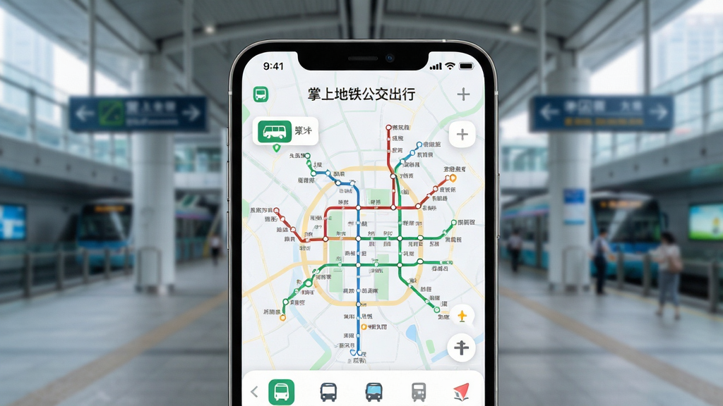 一张智能手机屏幕特写,屏幕正面展示“掌上地铁公交出行”APP主界面,界面清晰显示地铁线路图与公交实时位置,背景是虚化的现代城市交通枢纽,整体布局简洁,排版以地图为核心,风格现代科技感,细节处注意图标圆润,画质高清,干净,无多余元素