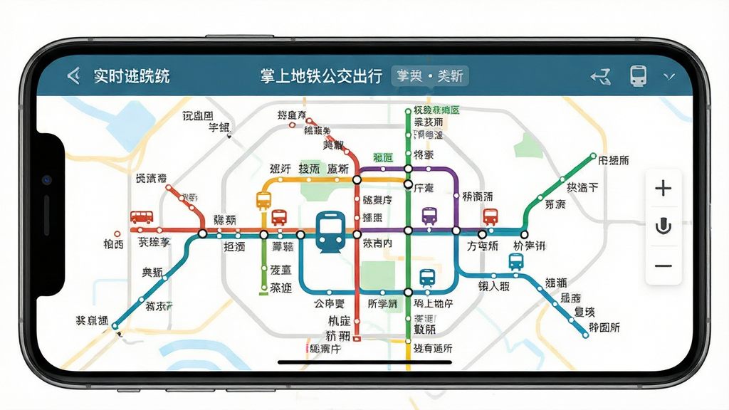 手机横屏展示“掌上地铁公交出行”应用的实时地图追踪界面,主体是彩色线条标注的地铁与公交线路图,线路上有移动的车辆图标,布局清晰,排版整齐,风格偏向扁平化设计,细节包括站点名称标签,画质细腻,干净,无多余元素
