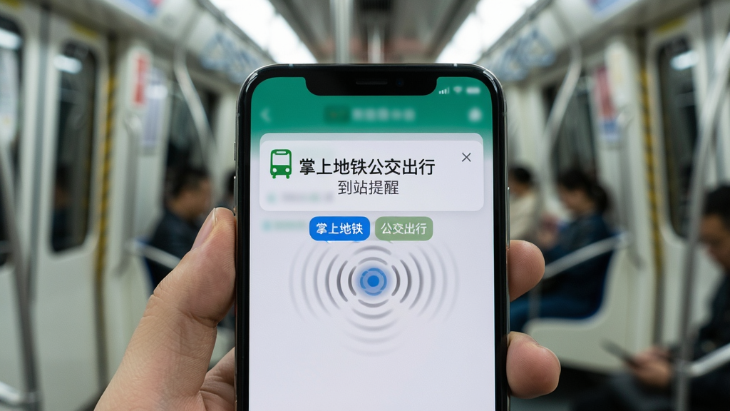 一张手机握在手中的特写照片,手机屏幕显示“掌上地铁公交出行”到站提醒通知,带有震动动画效果,背景是模糊的地铁车厢内部环境,布局居中,排版简洁,风格写实,细节注意通知栏的按钮清晰,画质干净,无多余元素