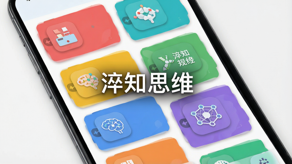 手机界面展示淬知思维软件内的思维模型库列表,主体是纵向排列的彩色卡片,每张卡片上有一个模型名称和简洁图标,布局整齐,排版清晰,风格为扁平化UI设计,细节包括卡片阴影和圆角,画面中央有“淬知思维”字样,画质细腻干净,无多余元素