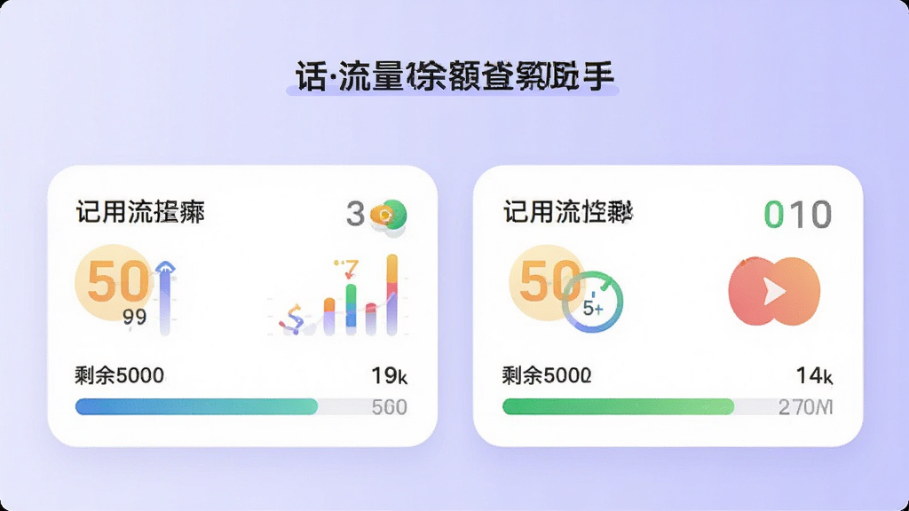 话费流量余额查询助手双卡流量监控界面,两张SIM卡分别显示已用流量和剩余流量进度条,界面左右对称布局,背景为浅紫色渐变,卡片圆角设计,信息可视化图表丰富,风格简约清新,画质高清,无多余元素