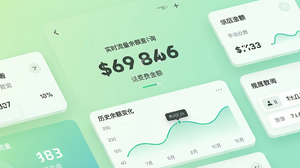 话费流量余额查询助手软件界面展示实时话费余额查询功能,屏幕中央显示大数字话费余额,下方为历史余额变化曲线图,背景为浅绿色渐变,数据卡片立体感强,布局清晰,现代科技感风格,画质干净高清,无多余元素