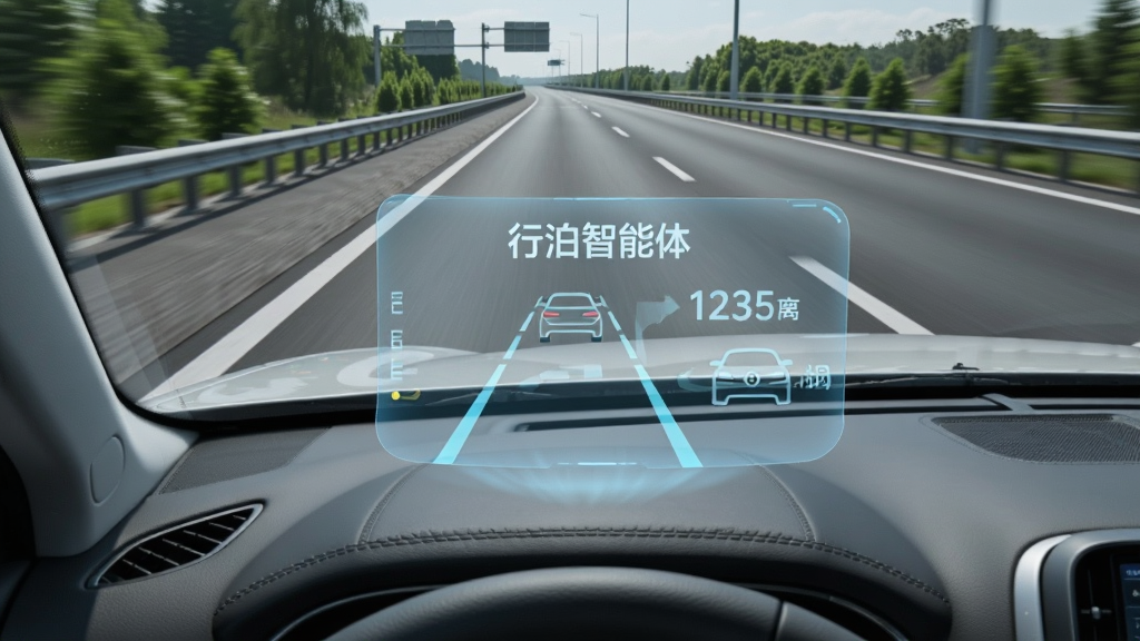 画面主体为一辆正在高速公路上行驶的轿车,前挡风玻璃区域投射出“行泊智能体”的HUD界面,显示车道线、前方车辆距离与速度标识,布局以驾驶视角为中心,道路向远方延伸,排版注重透视感,风格写实且带有半透明科技光效,细节包含路面纹理、两侧护栏与绿植,画质清晰通透,干净无多余元素